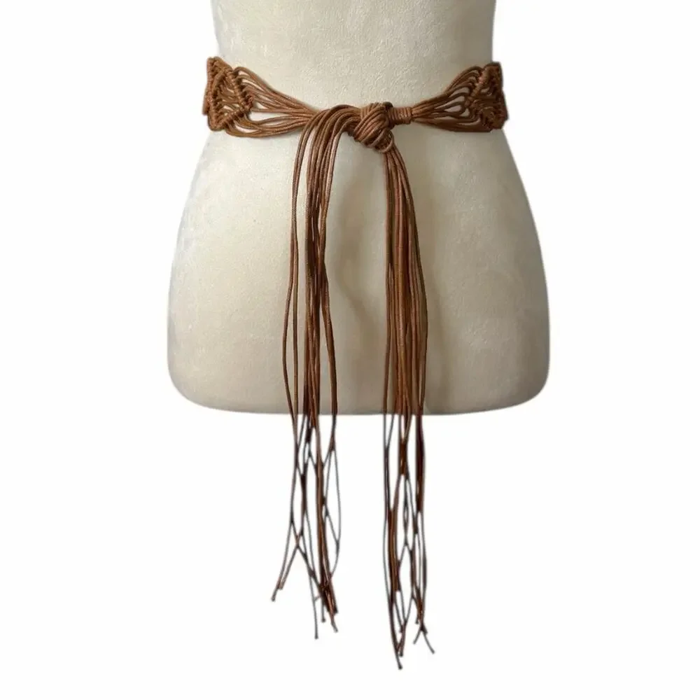 Boho Western Brown Cognac Braided Macramé Fringe Belt Women’s Size Small Medium - Picture 2 of 8